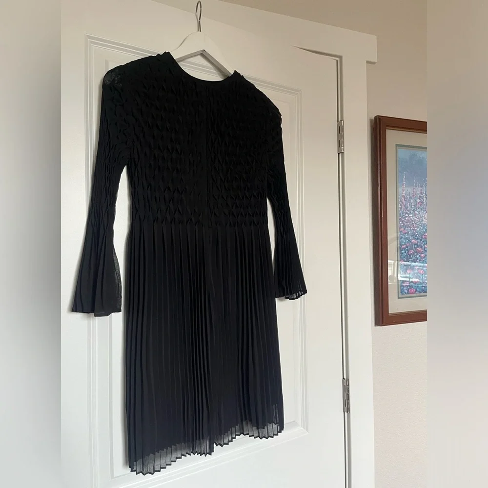 Topshop Black Diamond Pleated Black Dress with Bell Sleeves